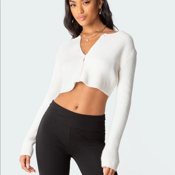 Cropped cardigan sweater long sleeve white - Picture 3 of 5